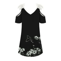 LHKED ženska modna modna V-izreza od ramena čipkaste remenice haljina kratkih rukava haljina s kratkim rukavima V-izrez haljina crne ljetne haljine