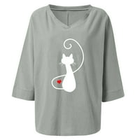 Žene plus veličina casual vrhovi jesenski rukav Tors CAT Print Slatka majica Trendy Stylesh Dressy Maskets V izrez Duks pamučni posteljina