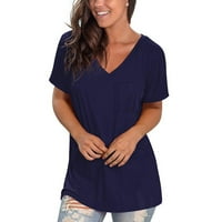 Ženske majice s kratkim rukavima na kratkim rukavima Basična labava majica sa punim bojama sa džepom plave l
