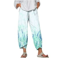 Ženske cvjetne otiske posteljine obrezane križne dno široke labave labave elastične struke Ležerne prilike ljetne plaže pantalone