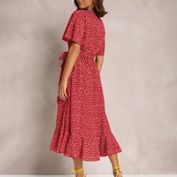 Ljetne haljine za žene modni V-izrez kratki rukav cvjetni maxi haljine srednje duge ženske haljine crvene xl