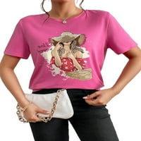 Ženski povremeni slogan okrugli vrat kratkih rukava ružičaste majice s