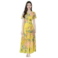 Modna ležerna ženska V-izrez s kratkim rukavima dugačka cvjetna tiskana tanka a-line haljina žuta 3xl