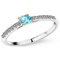 Gem Stone King 0. CT okrugli švicarski plavi topaz bijeli dijamant srebrni i 10K ružičarski zlatni prsten