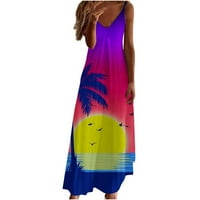 PBNBP Havajske haljine za žene Ljeto plus veličine Ombre Tie Dye Tropicno print Spaghetti remen Casual V izrez bez rukava Maxi Beach Haljina za odmor Ljetni štednji