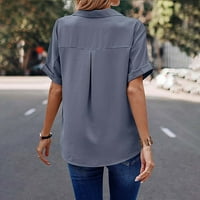 Žene Ljetne bluze Ženska V-izrez Kratki rukav do dolje Tunic Top Modne Casual Džepne majice Tee Sive