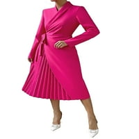 Elegantni obični ovratnik s šal-linijama dugih rukava vruće ružičaste ženske haljine