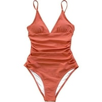 Huachen ženski kupaći kostimi V-izrez čvrste boje rufšeno jednodijelno kupaći kostim, lubenica crvena