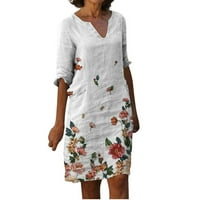 Ženska dužina koljena pamučna posteljina haljina cvjeta cvjetni rukav za print V izrez Elegantni casual comfy vintage Holiday Boho jesenske haljine bijeli xxl