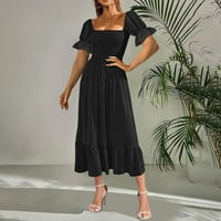 Ljetne haljine za žene Srednja duljina kratkih rukava A-LINE Čvrsta kvadratna derektivna haljina Black XL