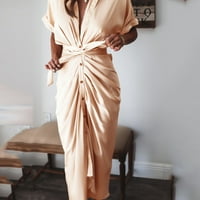 yinguo ženska svila V izrez duga haljina s kratkim rukavima
