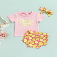 Canrulo Lovely Baby Girls Odjeća za dijeljenje Pismo Štampane majice kratkih rukava + limunska kratke hlače Traka za glavu Ružičasta 0- meseci