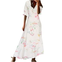 Hueook ljetne haljine za žene plus veličine V-izrez dugi cvjetni print modna tanka a-line haljina