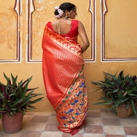 Janasya ženski crveni PAITHANI svileni tkani etnički motivi saree sa nepropuštenim komadom bluze