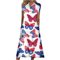 Ganfancp Womens Ljetne haljine Američka zastava haljina labave casual v-izrez haljina za neovisnost