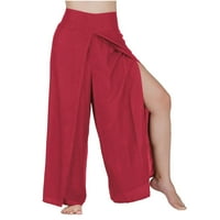 Žučne ženske hlače sa širokim nogama sa džepovima lagane posteljine ženske čvrste pamučne posteljine labave širine nogu solidne elastične strugove Split hlače crvene s