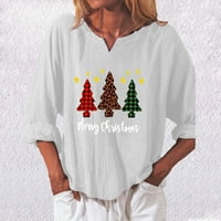 Odieerbi božićne majice za žene dugih rukava V-izrez Božićni tiskani povremeni pamuk labav gornji bijeli