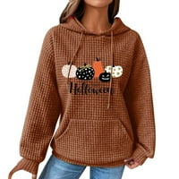 Sksloeg Halloween Dukmirt za žene Trendy dugih rukava ženske vunene vučne dukseve s džepom dame pulover džemper dukserice pukotine mačke bat tiskane majice, smeđa 2xl