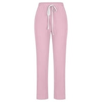 Safuny ženske labave ravno hlače Pocket Jesen Trendne pantalone Čvrste pamučne djevojke Retro opušteni povučeni elastični struk povremeni dnevno ružičasti m
