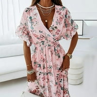 Dermoge Plus Veličine Haljine za žene Dame Ženska modna haljina kratki rukav V-izrez Cvijeće za vrat Print Beach Leisure Duga haljina