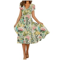 Hanas haljine Ženska ljetna casual moda cvjetni ispis kratkih rukava V-izrez Swing haljina fluorescentna