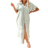 Frobukio ženski kupaći kostim prekrivač s kratkim rukavima Split Dugme dole Duga košulja Haljina Cardigan Maxi Haljina za plažu zelena XL