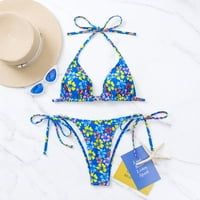 Aaiyomet Thong bikini kupaći kostimi za žene Ženski kupaći kostimi cvjetni remen za tisak Dva bikinija Set dame Ljeto Kupatilo, plavo l