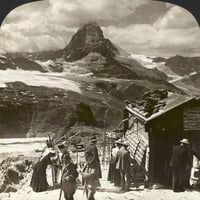 Švicarska: Matterhorn. NTOUristi kupuju razglednice u Gorner Grat, Švicarskoj, sa Matterhornom viđenim u daljini, gledajući na zapad. Stereograph, 1908. Poster Print by Granger Collection