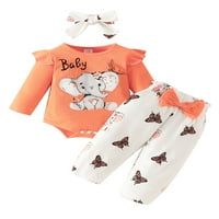 Lamuusaa Baby Girl Fall Outfits dugi rukav Slon Print Romper + Bow Hlače + Podesite novorođenčad Outfit
