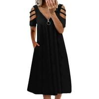 Ženske oblače s kratkim rukavima Solidna srednja dužina A-line V-izrez ljetna haljina crna s