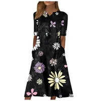 Haljine za žene s kratkim rukavima cvjetna srednja dužina sa džepom sunčeve haljine V-izrez Grey l