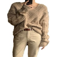 Eleluny Women V džemper izrezao je pulover, pulover, ležerne pletive Khaki Jedna veličina