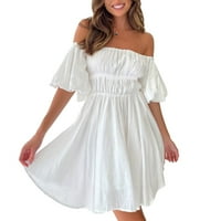 Ležerna haljina za žene Ljeto puff rukava s ramena mini haljina ruffled a linija Flowy Swing plaža haljina L