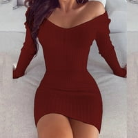 IOPQO Ljetna haljina jesen i zimski ženski dugi rukavi tanka tanka haljina s tankim kukama topli džemper s dugim rukavima vrat crvena