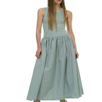 Eyicmarn ženski ljetni tenk haljina bez rukava okruglica pune boje A-line haljina duga haljina s džepovima