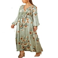 Elegantni cvjetni print V izrez Linijska haljina s dugim rukavima zelena