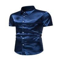 Niuer Muškarci Ljetni košulje Lapl vrat bluza Dolje dolje s jednim grudima Majica kratkih rukava TEE Navy Blue 2xl