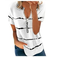 Žene vrhovi pola zip prugastih kratkih rukava Ljeto V-izrez košulje bijele 4xl
