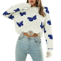 Rovga ženski džemperi ženski labavi pleteni džemper s dugim rukavima leptir jacquard ripped pulover džepani usjeni gornji pleteni džep