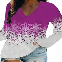 Cindysus Women Xmas Majica SnowFlake Print Božićni vrhovi V izrez Tunika Bluza Osnovni odmor Majica s dugim rukavima Violet 4xL