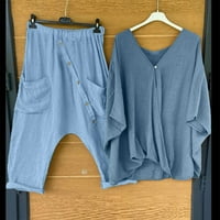 Dvije odijelo za ženske majice s dugim rukavima s dugim rukavima V-izrez + hlače pantalone postavljene