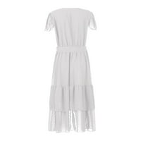 Ljetne haljine za žene V-izrez modni čvrsti srednji duljina haljina s kratkim rukavima s kratkim rukavima bijela 2xl