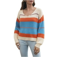 Ženska posada Knit dugih rukava Vrhunska labava vafla Stripe ispisani džemper pulover Ležerni Tunic Top