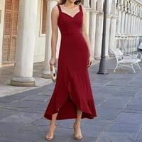 Ženska casual haljina crvena poliesterska ženska dugačka svečana haljina bez rukava V izrez Vjenčana