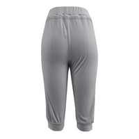 Ženske casual pantalone Yoga visoke strukske vučne struke tiskane na sedme hlače, sivo, l