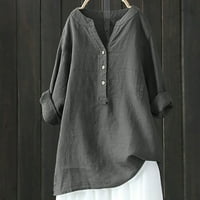 Scyoekwg Classic Solid Boja ženske pamučne i platnene bluze plus veličina kauzalnog udobnog vrhova tipka V-izrez valjaju tri četvrtine rukava s rukavima sive