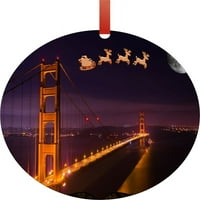 Santa Klaus i Sleigh Vožnja preko mosta Golden Gate Dvostrani okrugli oblik aluminijskog sjajnog ukrasa za božićne ukrase - jedinstveni moderni novost Tree Décor favoris
