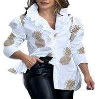 Dame vrhovi V izrez bluza Ruffled majice Elegantna tunika košulja White ananas 2xl