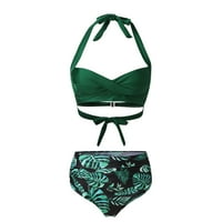 Kupaći kostimi za žene, žene vintage kupaći kostim dva retro halter ruched visoki struk tisak bikini set zeleni xl