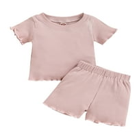 Canrulo Toddler Djevojke dječake Ljetna odjeća kratka rukava s rebrastim majicama majica na majici + kratke hlače za novorođenčad ružičaste 12-mjeseci